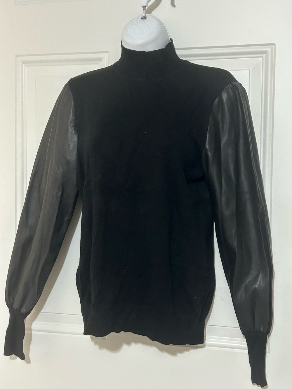 Sioni Black Mock Neck Sweater with Faux Leather Sleeves